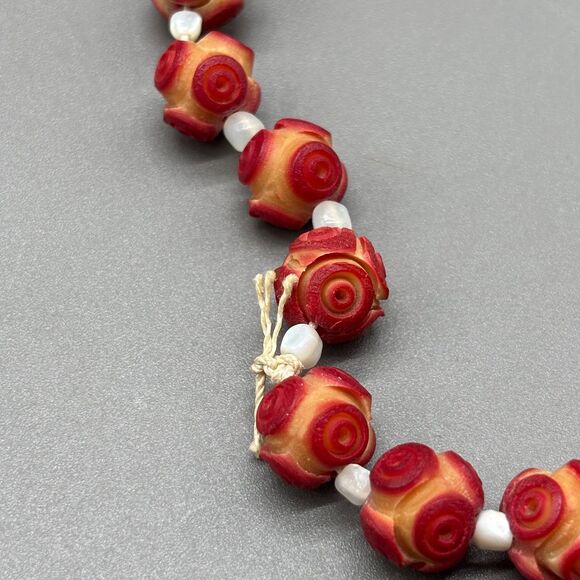 Vintage Tagua Nut Carved Rosettes Beaded Necklace Shell Spacers 26" Craft Beads - Picture 7 of 8